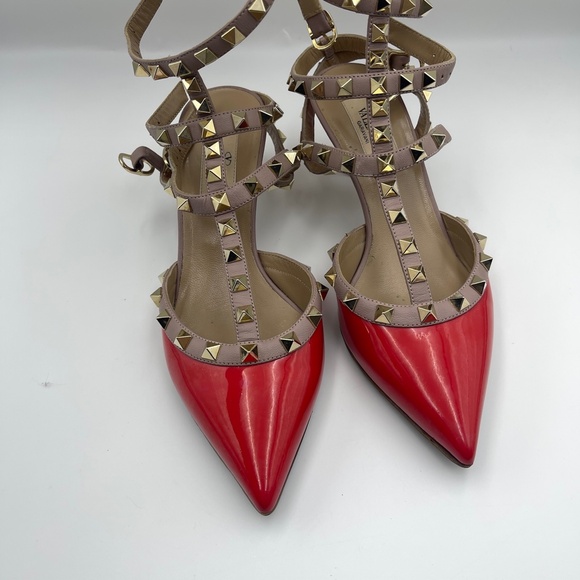 Valentino Garavani Red Patent Nappa Rockstud Ankle Strap 65mm Pumps Size 35.5 - Picture 8 of 13